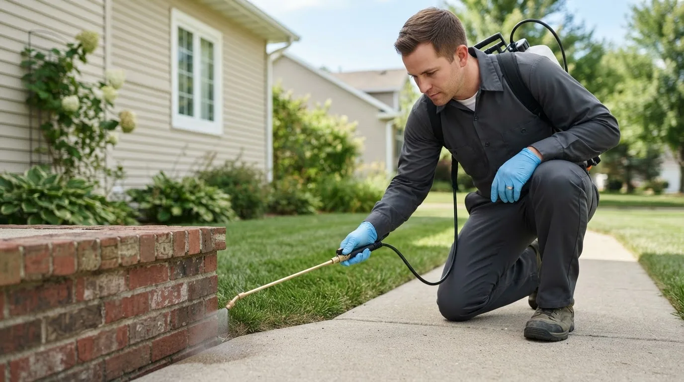 Pest control technician treating a home near Kandiyohi, MN